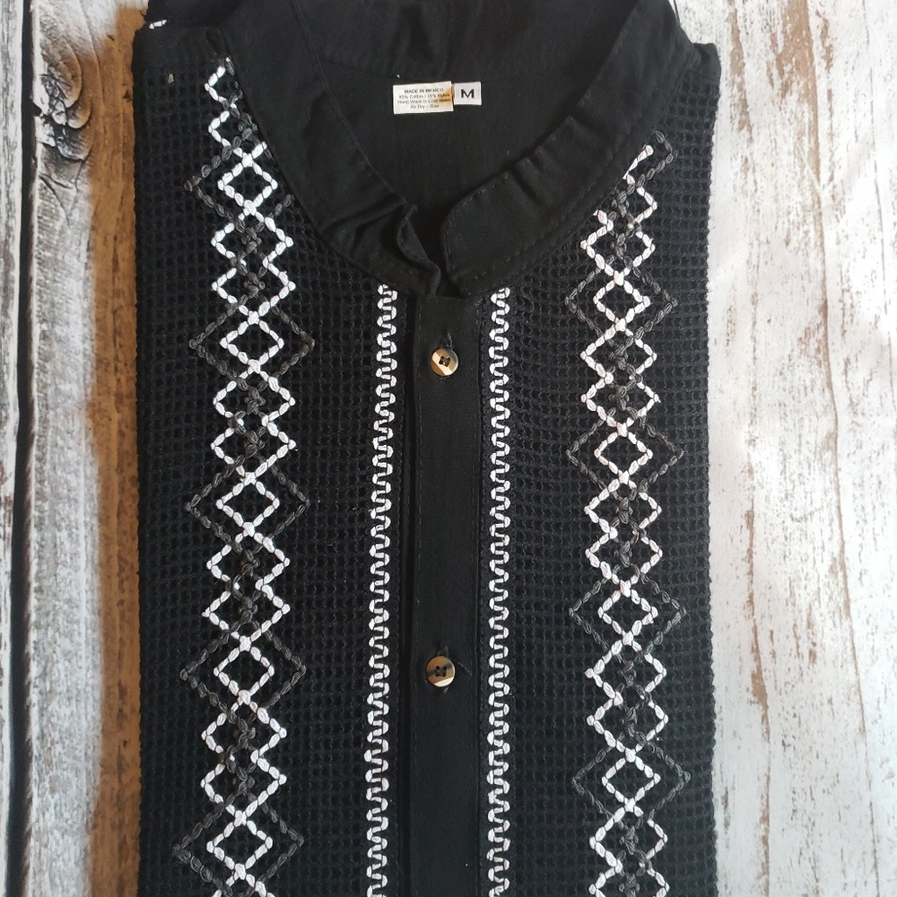 Mexican Guayabera Shirt Model Malla Black
